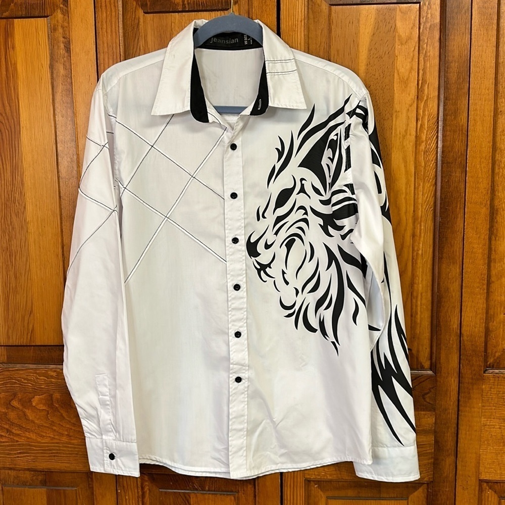 Jeansian White Black Lion Print Long-sleeved Button Up Casual Dressy Shirt L